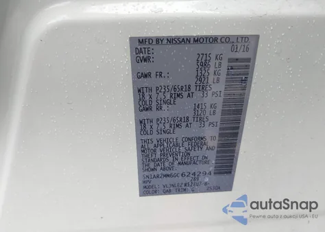 2016 Nissan Pathfinder Sv z USA, uszkodzony, nr VIN 5N1AR2MM6GC624294